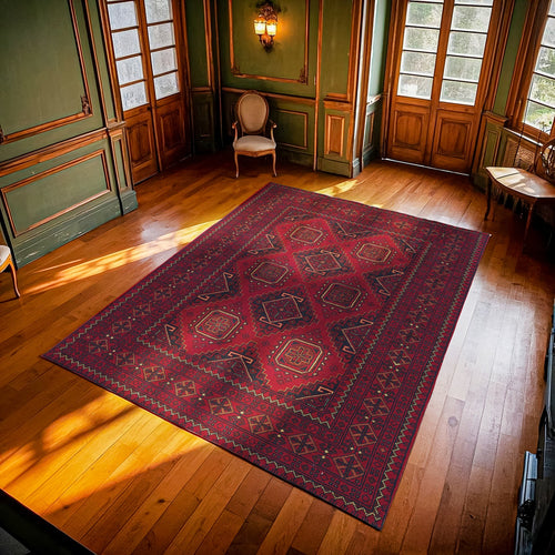 Bordo Bordürlü Modern Etnik Desenli Halı  | Makinada Yıkanabilir | Hav Toz Vermez | Leke Tutmayaz | Kaymaz Taban | Dijital Makine Baskı | Salon Yolluk Mutfak Halısı