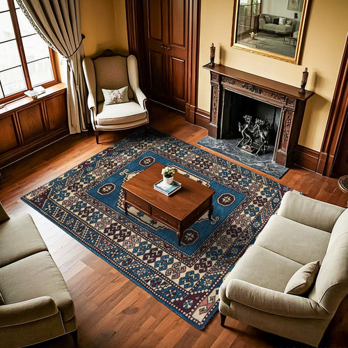 Mavi Göbekli Modern Etnik Desenli Halı  | Makinada Yıkanabilir | Hav Toz Vermez | Leke Tutmayaz | Kaymaz Taban | Dijital Makine Baskı | Salon Yolluk Mutfak Halısı