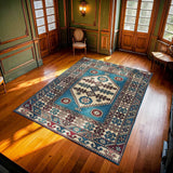 Turquoise Cream Ethnic Living Room Rug - Polyester Machine Woven