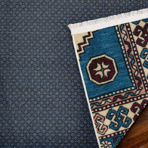 Mavi Göbekli Modern Etnik Desenli Halı  | Makinada Yıkanabilir | Hav Toz Vermez | Leke Tutmayaz | Kaymaz Taban | Dijital Makine Baskı | Salon Yolluk Mutfak Halısı