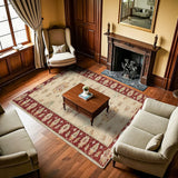 Beige Red Classic Living Room Rug - Polyester