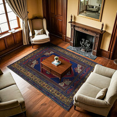 Mavi Göbekli Modern Etnik Desenli Halı  | Makinada Yıkanabilir | Hav Toz Vermez | Leke Tutmayaz | Kaymaz Taban | Dijital Makine Baskı | Salon Yolluk Mutfak Halısı