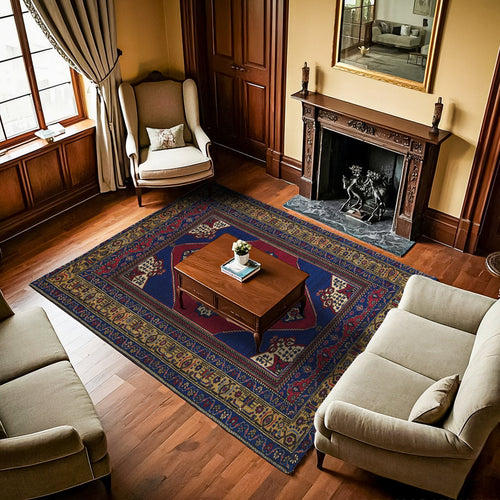 Mavi Göbekli Modern Etnik Desenli Halı  | Makinada Yıkanabilir | Hav Toz Vermez | Leke Tutmayaz | Kaymaz Taban | Dijital Makine Baskı | Salon Yolluk Mutfak Halısı