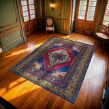 Red Blue Classic Medallion Living Room Rug - Polyester Machine Woven