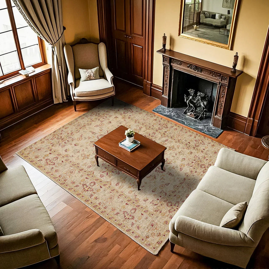 Bej Krem Bohem Eskitme Halı - Yıkanabilir - Kaymaz Taban - Pati Dostu