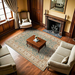 Yeşil Çiçekli Modern Etnik Desenli Halı  | Makinada Yıkanabilir | Hav Toz Vermez | Leke Tutmayan | Kaymaz Taban | Dijital Makine Baskı | Salon Yolluk Mutfak Halısı