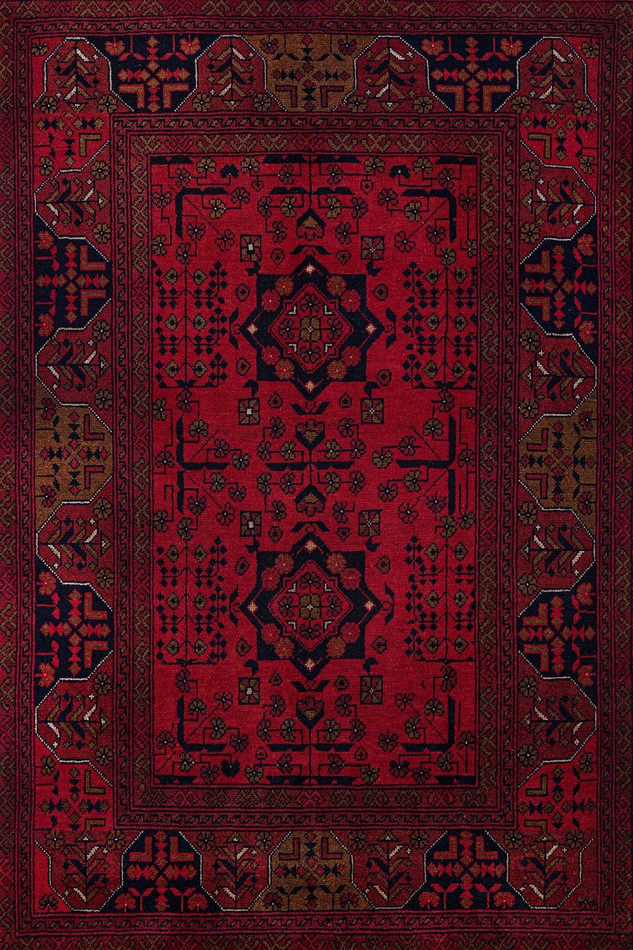 Kırmızı Siyah Bohem Eskitme Halı - Yıkanabilir - Kaymaz Taban - Pati Dostu