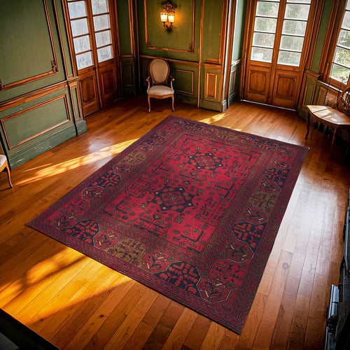 Bordo Bordürlü Modern Etnik Desenli Halı  | Makinada Yıkanabilir | Hav Toz Vermez | Leke Tutmayan | Kaymaz Taban | Dijital Makine Baskı | Salon Yolluk Mutfak Halısı