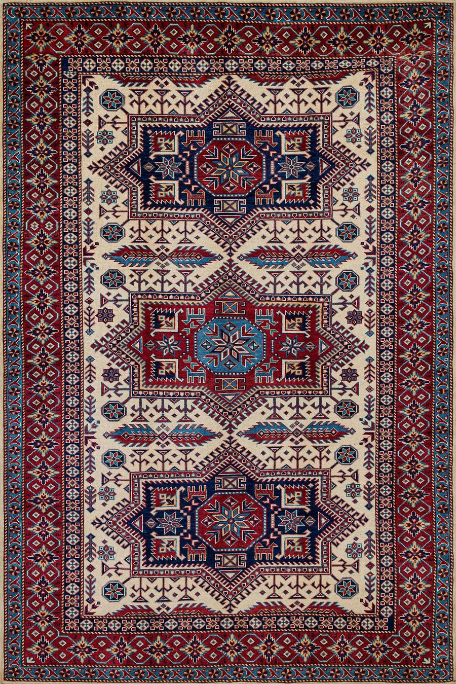 Cream and Red Ethnic Geometric Area Rug – in the living room