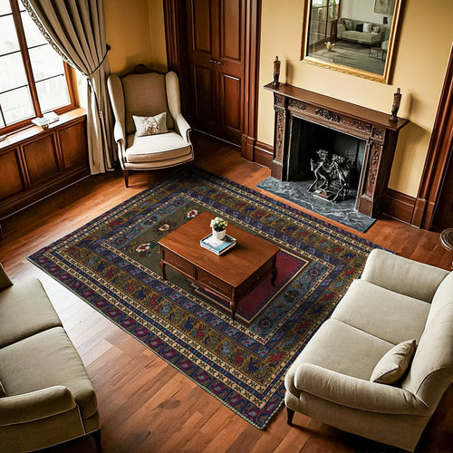 Mavi Bordürlü Modern Etnik Desenli Halı  | Makinada Yıkanabilir | Hav Toz Vermez | Leke Tutmayan | Kaymaz Taban | Dijital Makine Baskı | Salon Yolluk Mutfak Halısı