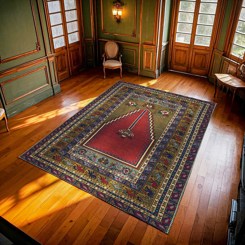 Mavi Bordürlü Modern Etnik Desenli Halı  | Makinada Yıkanabilir | Hav Toz Vermez | Leke Tutmayan | Kaymaz Taban | Dijital Makine Baskı | Salon Yolluk Mutfak Halısı