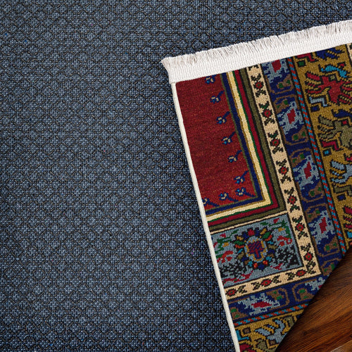 Mavi Bordürlü Modern Etnik Desenli Halı  | Makinada Yıkanabilir | Hav Toz Vermez | Leke Tutmayan | Kaymaz Taban | Dijital Makine Baskı | Salon Yolluk Mutfak Halısı