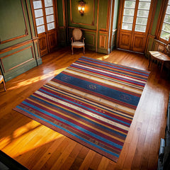 Mavi Çizgili Modern Etnik Desenli Halı  | Makinada Yıkanabilir | Hav Toz Vermez | Leke Tutmayan | Kaymaz Taban | Dijital Makine Baskı | Salon Yolluk Mutfak Halısı