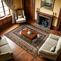 Yeşil Bordürlü Modern Etnik Desenli Halı  | Makinada Yıkanabilir | Hav Toz Vermez | Leke Tutmayan | Kaymaz Taban | Dijital Makine Baskı | Salon Yolluk Mutfak Halısı