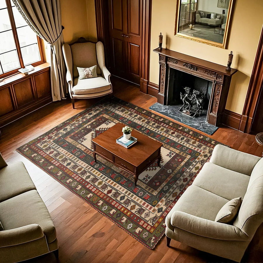 Bej Krem Bohem Eskitme Halı - Yıkanabilir - Kaymaz Taban - Pati Dostu