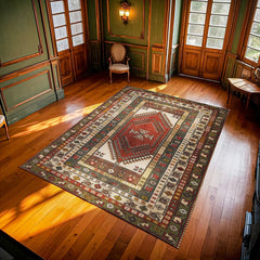 Yeşil Bordürlü Modern Etnik Desenli Halı  | Makinada Yıkanabilir | Hav Toz Vermez | Leke Tutmayan | Kaymaz Taban | Dijital Makine Baskı | Salon Yolluk Mutfak Halısı