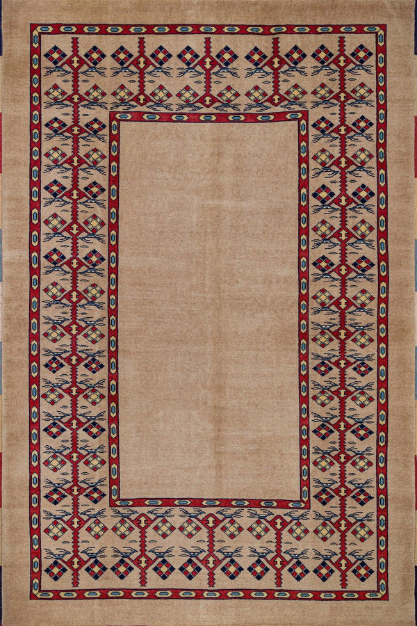 Bej Krem Bohem Bordürlü Halı - Yıkanabilir - Kaymaz Taban - Pati Dostu