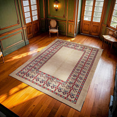 Krem Bordürlü Modern Etnik Desenli Halı  | Makinada Yıkanabilir | Hav Toz Vermez | Leke Tutmayan | Kaymaz Taban | Dijital Makine Baskı | Salon Yolluk Mutfak Halısı