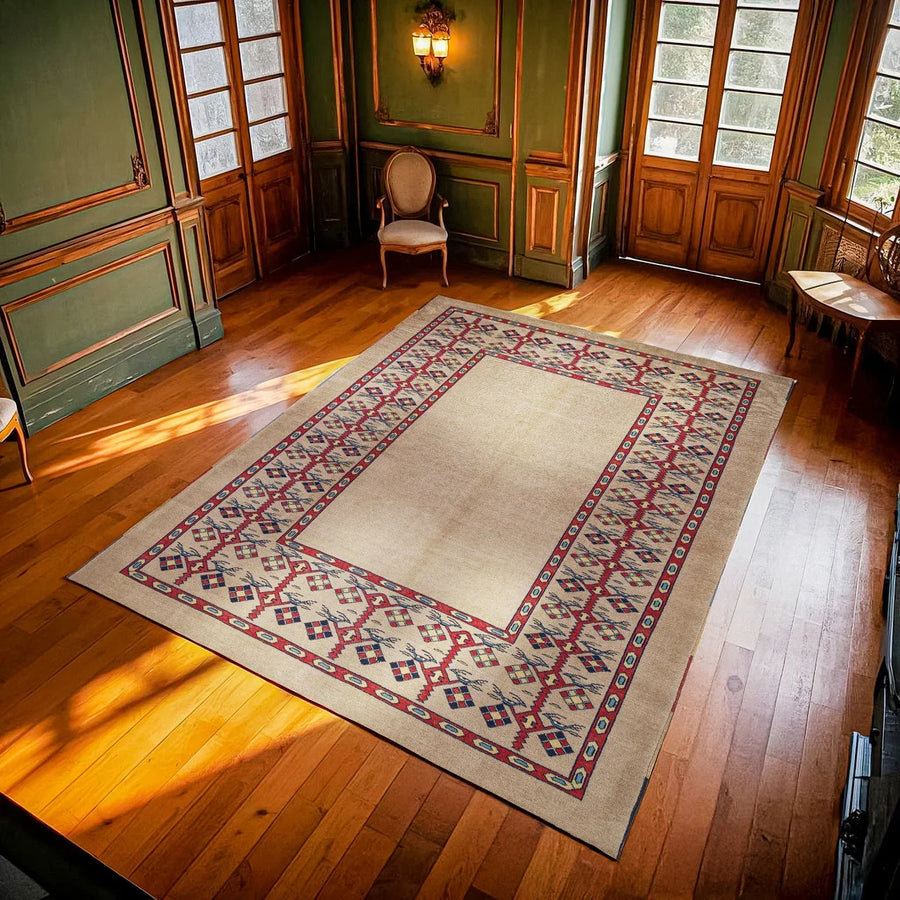 Bej Krem Bohem Bordürlü Halı - Yıkanabilir - Kaymaz Taban - Pati Dostu