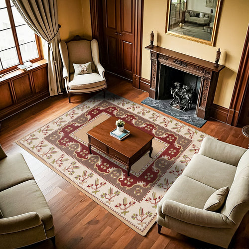 Krem Bordürlü Modern Etnik Desenli Halı  | Makinada Yıkanabilir | Hav Toz Vermez | Leke Tutmayan | Kaymaz Taban | Dijital Makine Baskı | Salon Yolluk Mutfak Halısı