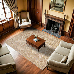 Krem Bordürlü Modern Etnik Desenli Halı  | Makinada Yıkanabilir | Hav Toz Vermez | Leke Tutmayan | Kaymaz Taban | Dijital Makine Baskı | Salon Yolluk Mutfak Halısı