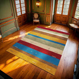 Red Blue Bohemian Striped Living Room Rug - Polyester