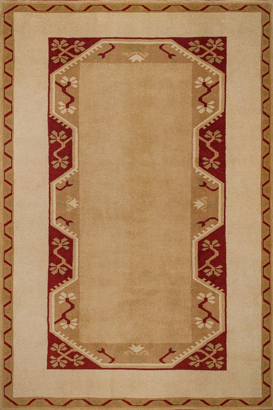 Beiger Teppich mit Ethno-Muster in Bordeaux, waschbar – im Wohnzimmer