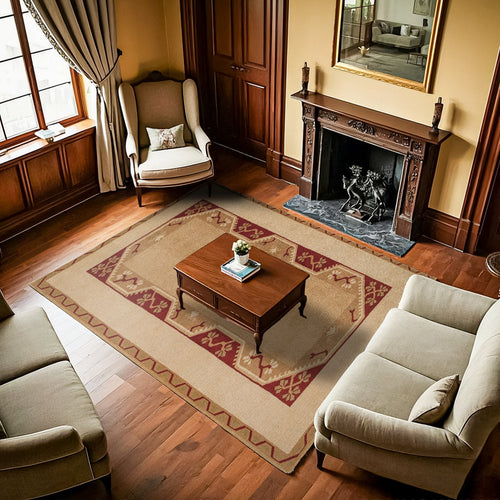 Krem Bordürlü Modern Etnik Desenli Halı  | Makinada Yıkanabilir | Hav Toz Vermez | Leke Tutmayan | Kaymaz Taban | Dijital Makine Baskı | Salon Yolluk Mutfak Halısı