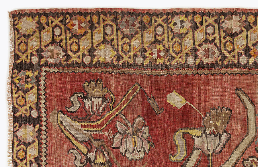 Varevi Kırmızı ve Kahverengi Çiçek Desenli El Dokuma Kilim 200x260 cm – detay görünümü