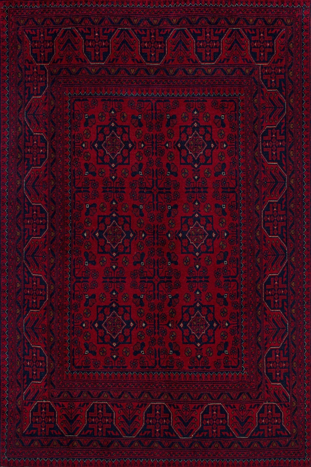 Mavi Bohem Bordürlü Halı - Yıkanabilir - Kaymaz Taban - Pati Dostu