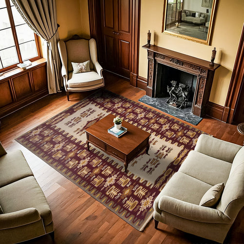 Bordo Bordürlü Modern Etnik Desenli Halı  | Makinada Yıkanabilir | Hav Toz Vermez | Leke Tutmayan | Kaymaz Taban | Dijital Makine Baskı | Salon Yolluk Mutfak Halısı