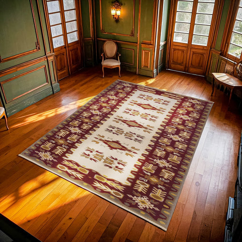 Bordo Bordürlü Modern Etnik Desenli Halı  | Makinada Yıkanabilir | Hav Toz Vermez | Leke Tutmayan | Kaymaz Taban | Dijital Makine Baskı | Salon Yolluk Mutfak Halısı