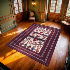 Bordo Bordürlü Modern Etnik Desenli Halı  | Makinada Yıkanabilir | Hav Toz Vermez | Leke Tutmayan | Kaymaz Taban | Dijital Makine Baskı | Salon Yolluk Mutfak Halısı