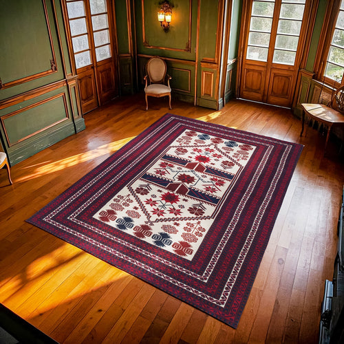 Bordo Bordürlü Modern Etnik Desenli Halı  | Makinada Yıkanabilir | Hav Toz Vermez | Leke Tutmayan | Kaymaz Taban | Dijital Makine Baskı | Salon Yolluk Mutfak Halısı