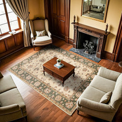 Yeşil Çiçekli Modern Etnik Desenli Halı  | Makinada Yıkanabilir | Hav Toz Vermez | Leke Tutmayan | Kaymaz Taban | Dijital Makine Baskı | Salon Yolluk Mutfak Halısı