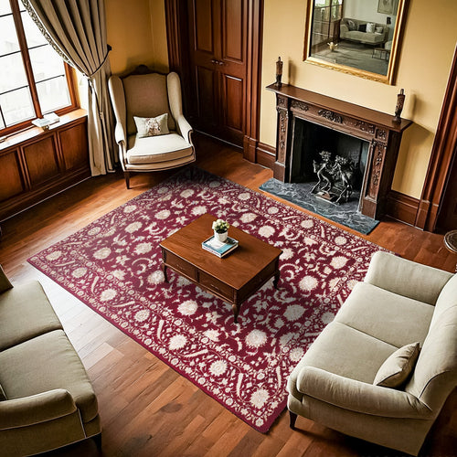 Bordo Çiçekli Modern Etnik Desenli Halı  | Makinada Yıkanabilir | Hav Toz Vermez | Leke Tutmayan | Kaymaz Taban | Dijital Makine Baskı | Salon Yolluk Mutfak Halısı