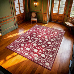 Bordo Çiçekli Modern Etnik Desenli Halı  | Makinada Yıkanabilir | Hav Toz Vermez | Leke Tutmayan | Kaymaz Taban | Dijital Makine Baskı | Salon Yolluk Mutfak Halısı