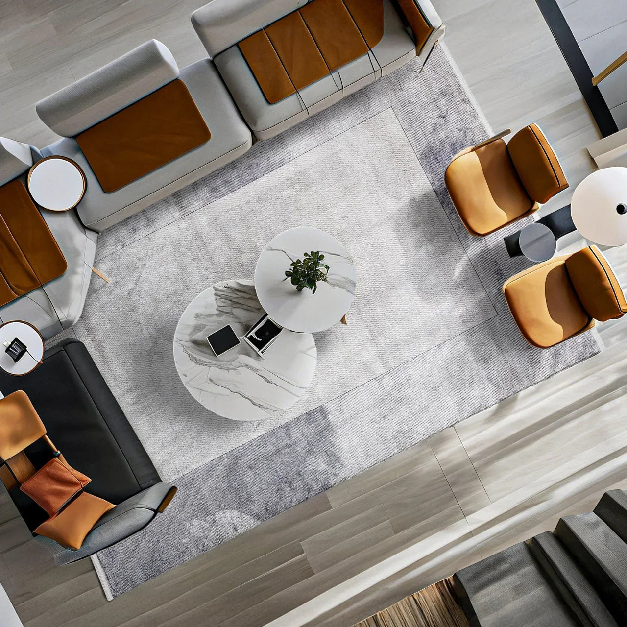 Antrasit Beyaz Blok Desenli Minimalist Halı - Yıkanabilir - Kaymaz Taban - Pati Dostu