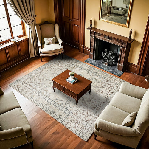 Bej Göbekli Modern Etnik Desenli Halı  | Makinada Yıkanabilir | Hav Toz Vermez | Leke Tutmayan | Kaymaz Taban | Dijital Makine Baskı | Salon Yolluk Mutfak Halısı