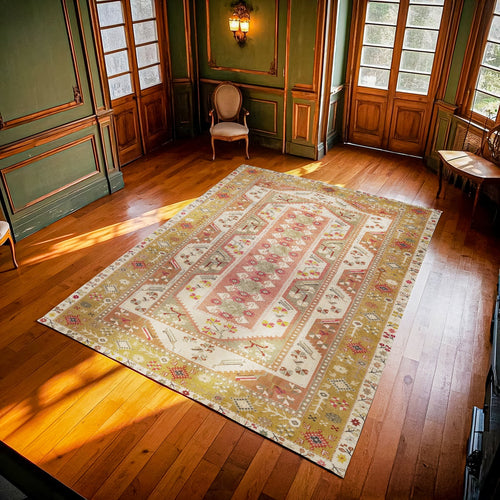 Yeşil Bordürlü Modern Etnik Desenli Halı  | Makinada Yıkanabilir | Hav Toz Vermez | Leke Tutmayan | Kaymaz Taban | Dijital Makine Baskı | Salon Yolluk Mutfak Halısı