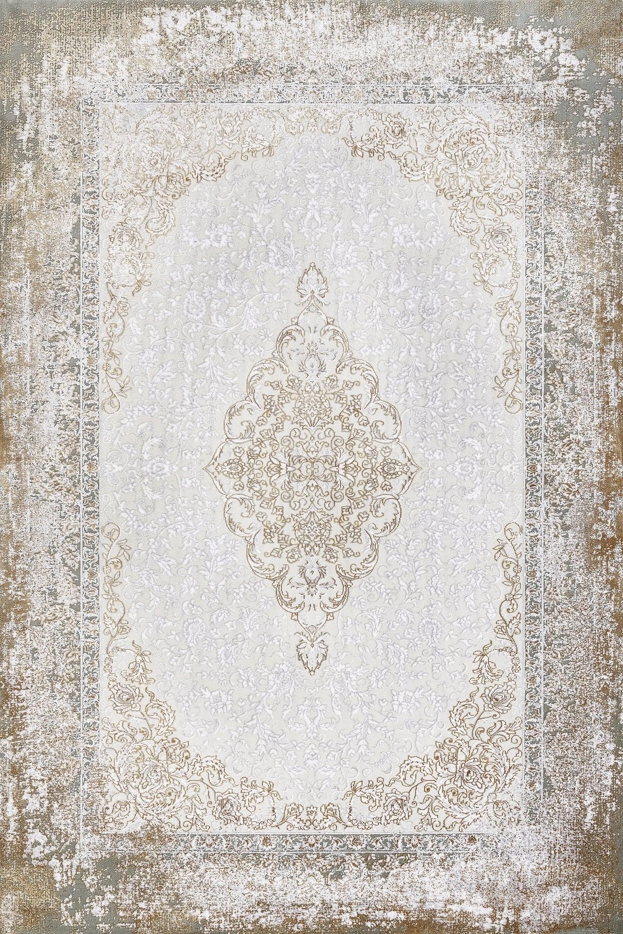 Bej Gold Bordürlü Desenli Halı - Yıkanabilir - Kaymaz Taban - Pati Dostu