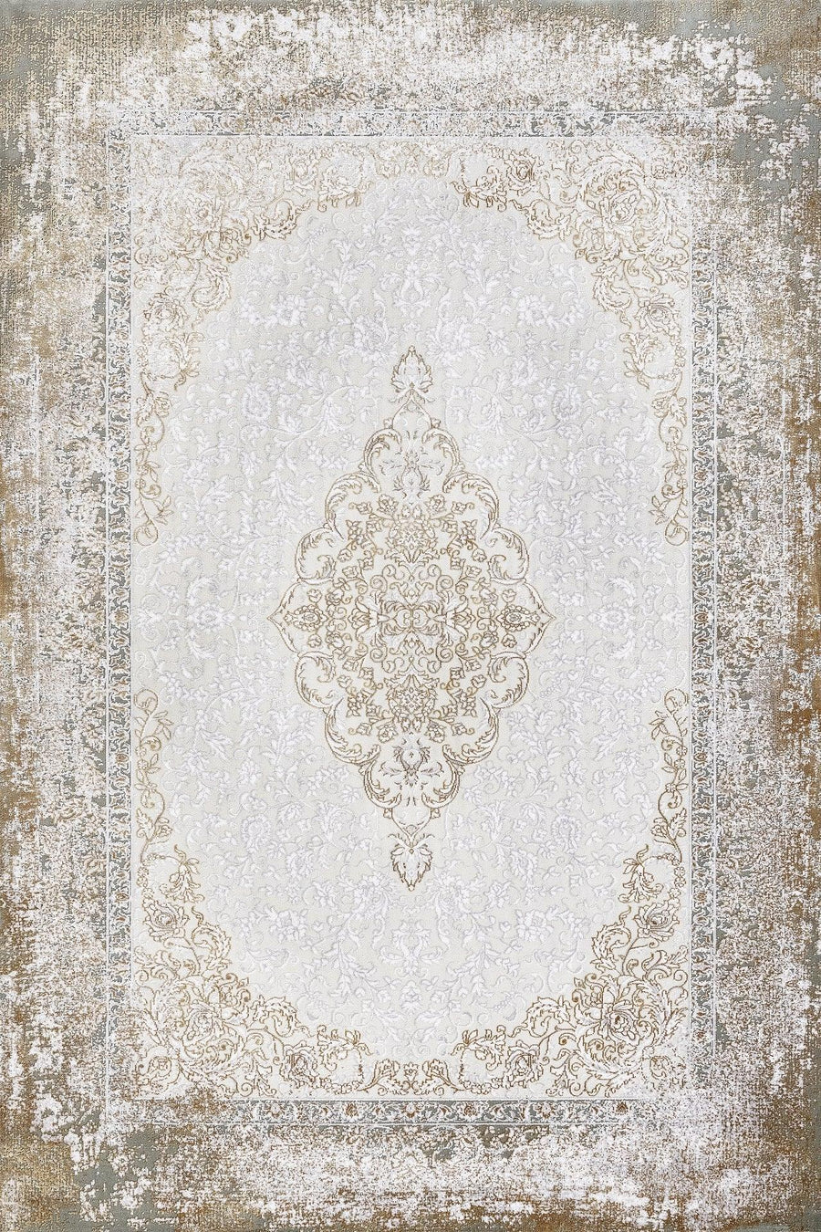 Bej Gold Bordürlü Desenli Halı - Yıkanabilir - Kaymaz Taban - Pati Dostu
