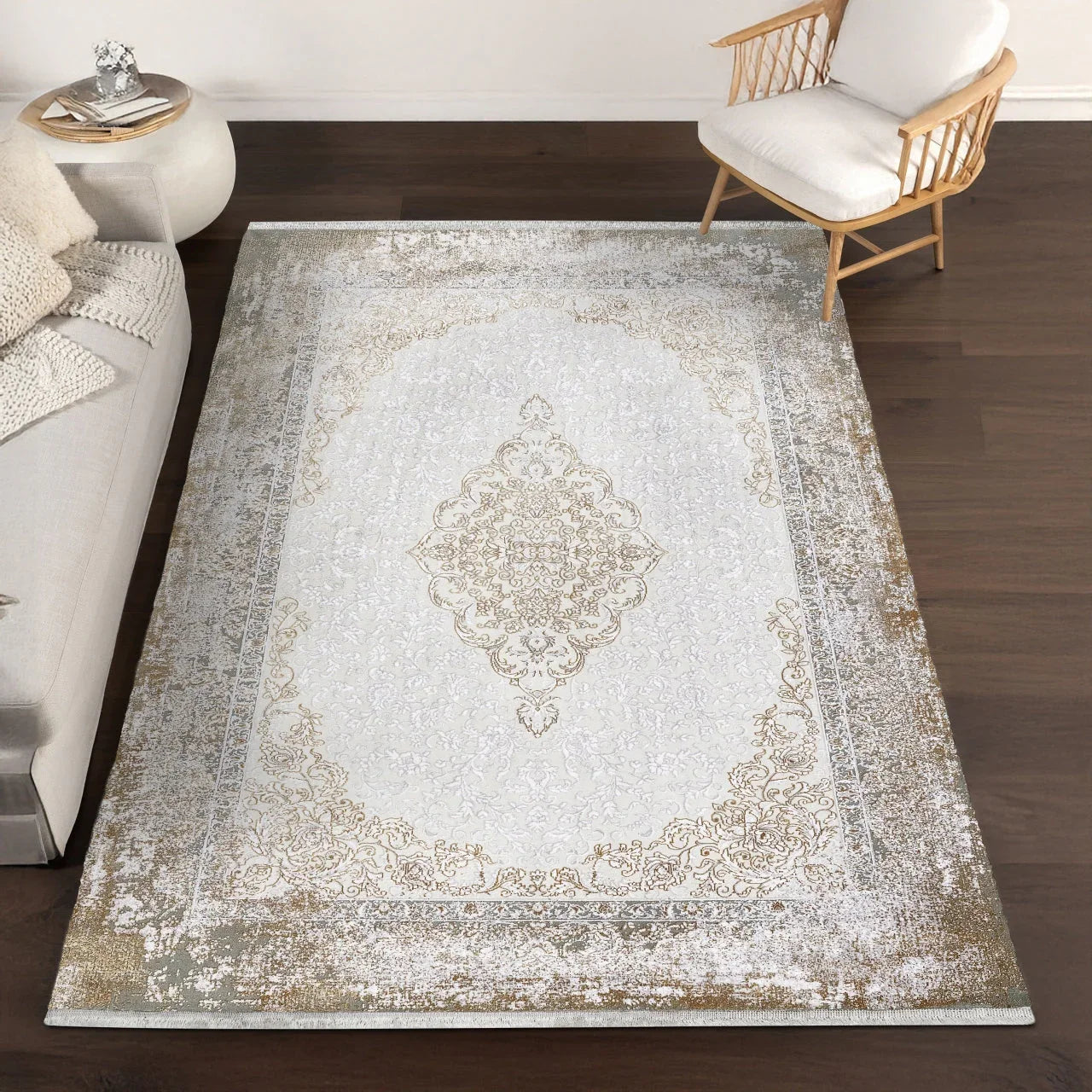 Bej Gold Bordürlü Desenli Halı - Yıkanabilir - Kaymaz Taban - Pati Dostu