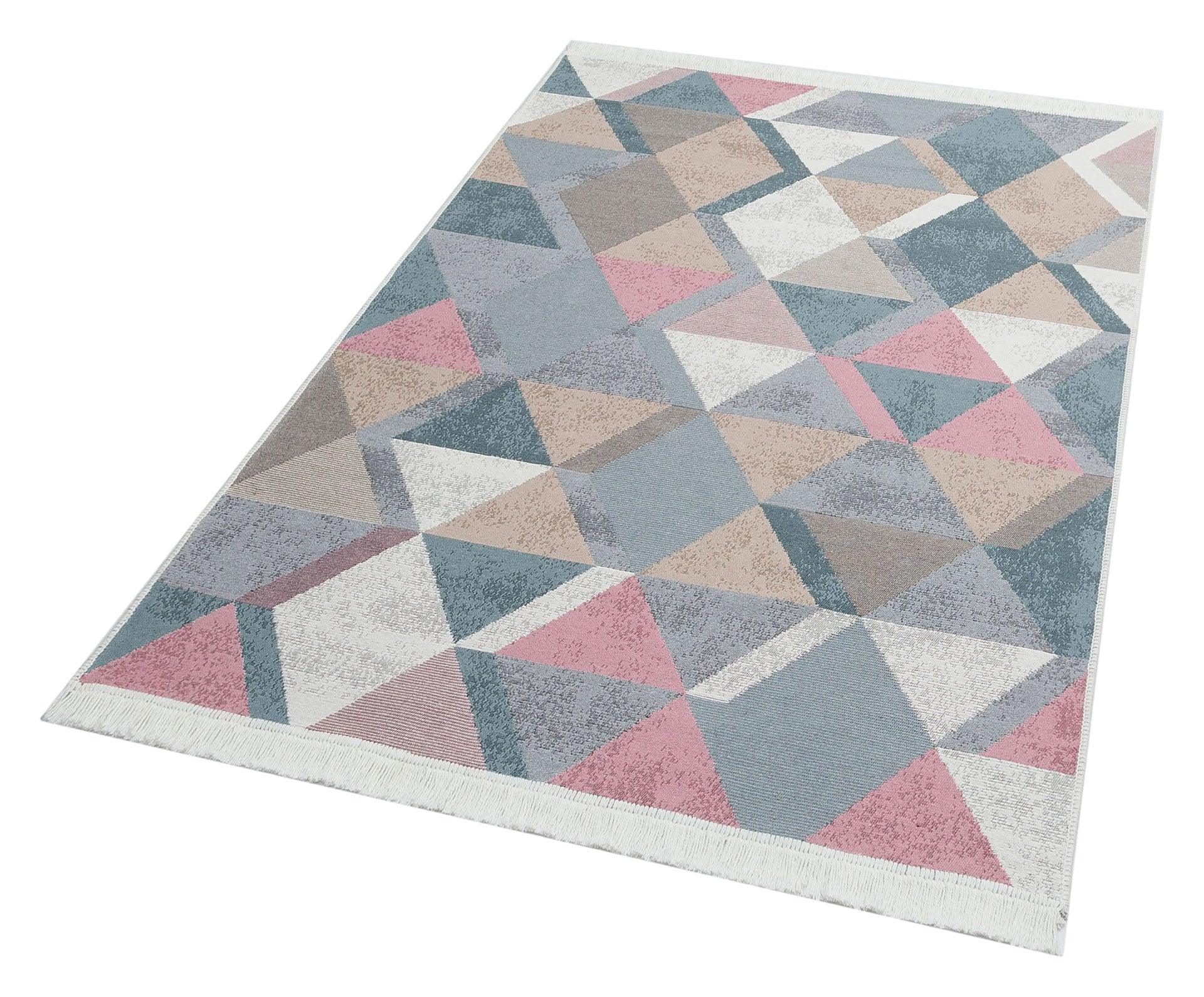 Gri Mavi Dekoratif Geometrik Jüt Halı - Yıkanabilir - Kaymaz Taban - Pati Dostu