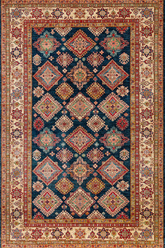 Mavi Bordürlü Modern Etnik Desenli Halı  | Makinada Yıkanabilir | Hav Toz Vermez | Leke Tutmayan | Kaymaz Taban | Dijital Makine Baskı | Salon Yolluk Mutfak Halısı