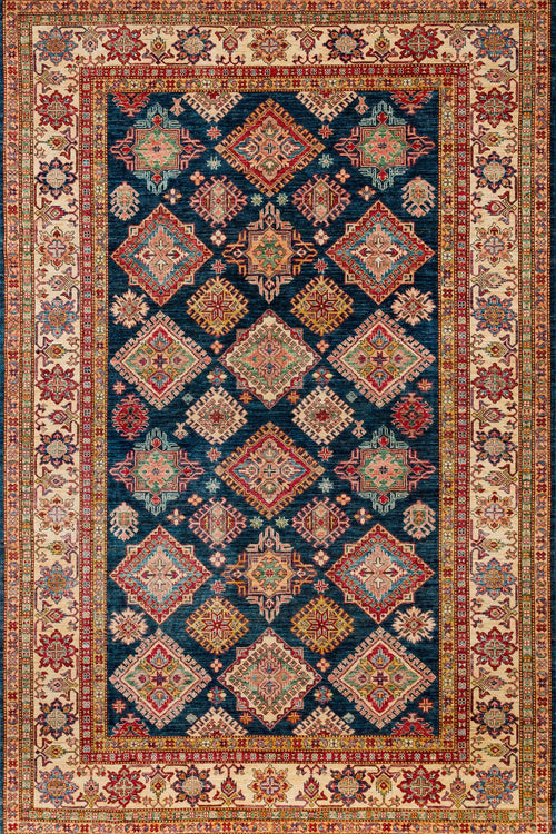 Mavi Bordürlü Modern Etnik Desenli Halı  | Makinada Yıkanabilir | Hav Toz Vermez | Leke Tutmayan | Kaymaz Taban | Dijital Makine Baskı | Salon Yolluk Mutfak Halısı