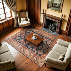 Mavi Bordürlü Modern Etnik Desenli Halı  | Makinada Yıkanabilir | Hav Toz Vermez | Leke Tutmayan | Kaymaz Taban | Dijital Makine Baskı | Salon Yolluk Mutfak Halısı