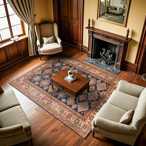 Mavi Bordürlü Modern Etnik Desenli Halı  | Makinada Yıkanabilir | Hav Toz Vermez | Leke Tutmayan | Kaymaz Taban | Dijital Makine Baskı | Salon Yolluk Mutfak Halısı