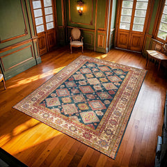 Mavi Bordürlü Modern Etnik Desenli Halı  | Makinada Yıkanabilir | Hav Toz Vermez | Leke Tutmayan | Kaymaz Taban | Dijital Makine Baskı | Salon Yolluk Mutfak Halısı