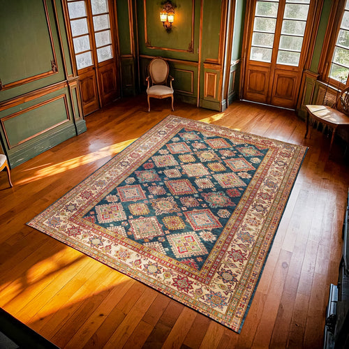 Mavi Bordürlü Modern Etnik Desenli Halı  | Makinada Yıkanabilir | Hav Toz Vermez | Leke Tutmayan | Kaymaz Taban | Dijital Makine Baskı | Salon Yolluk Mutfak Halısı